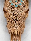 Brown Carved Cow Skull With Turqoise Accents - Star Mandala motif | Skull,A/142