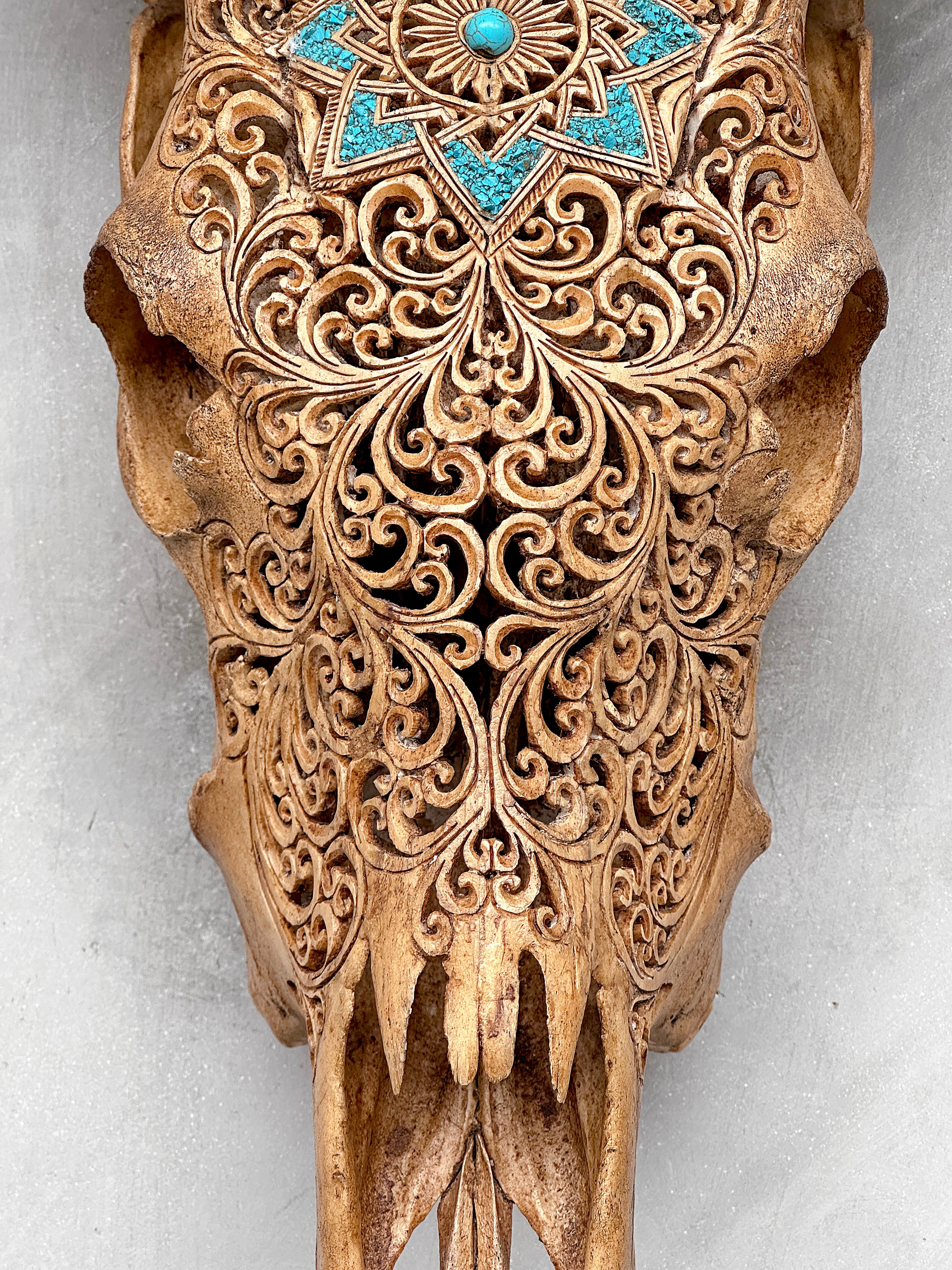 Brown Carved Cow Skull With Turqoise Accents - Star Mandala motif | Skull,A/142