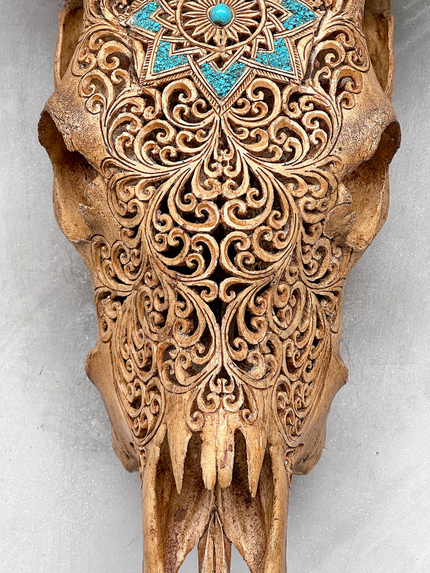 Brown Carved Cow Skull With Turqoise Accents - Star Mandala motif | Skull,A/142