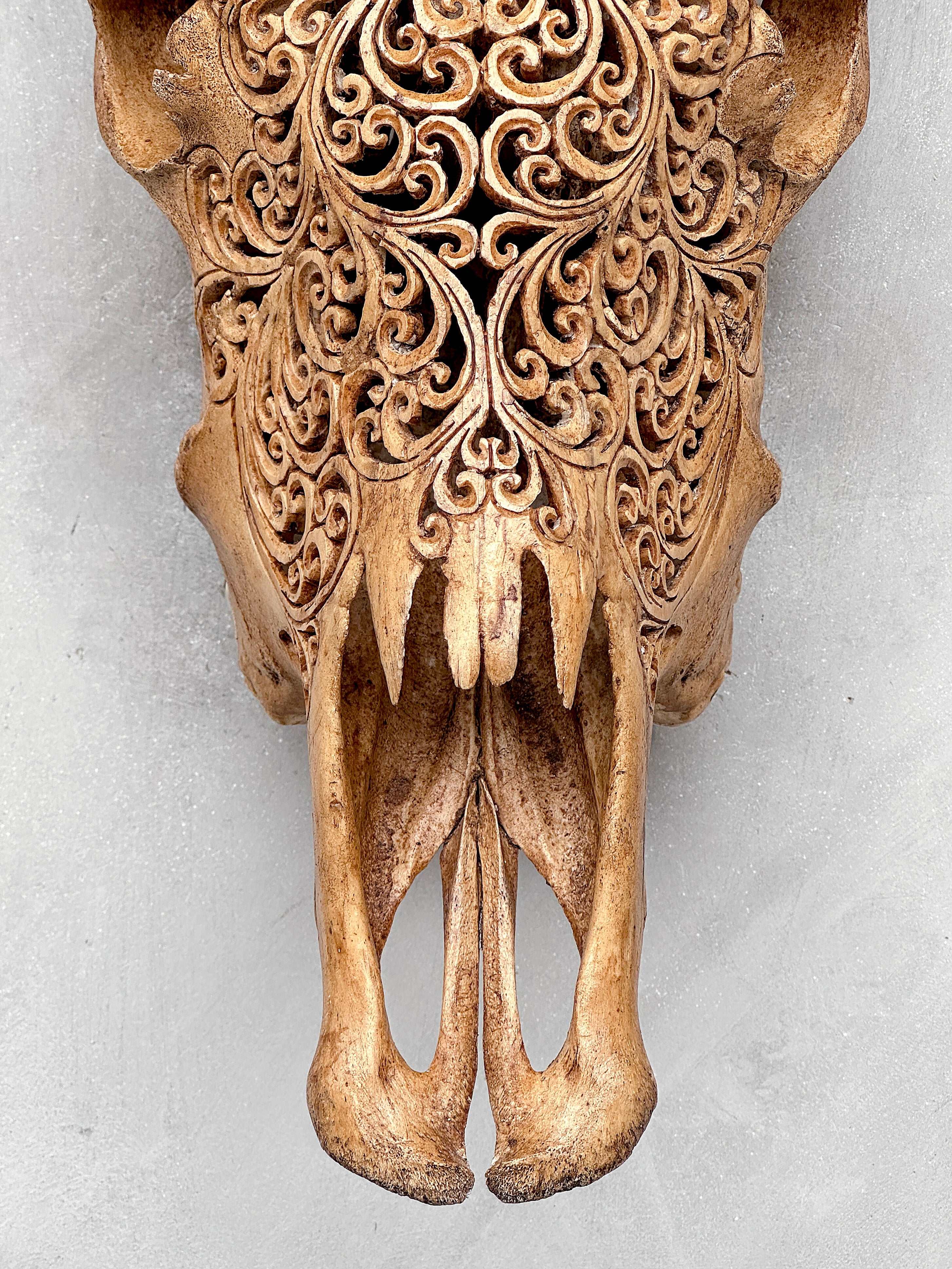 Brown Carved Cow Skull With Turqoise Accents - Star Mandala motif | Skull,A/142