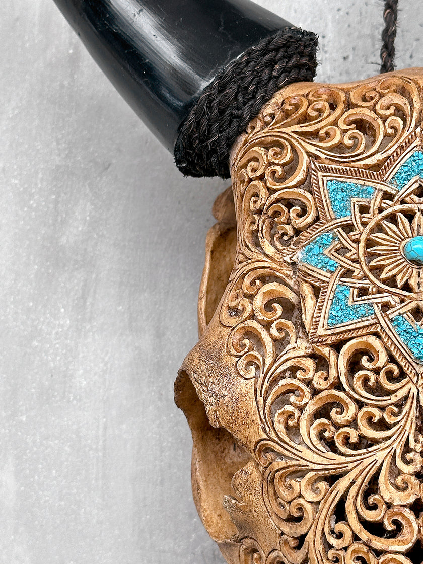 Brown Carved Cow Skull With Turqoise Accents - Star Mandala motif | Skull,A/142