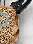 Brown Carved Cow Skull With Turqoise Accents - Star Mandala motif | Skull,A/142