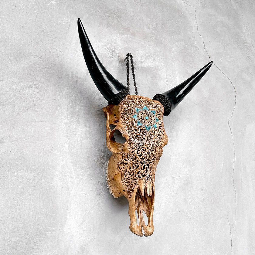 Brown Carved Cow Skull With Turqoise Accents - Star Mandala motif | Skull,A/142
