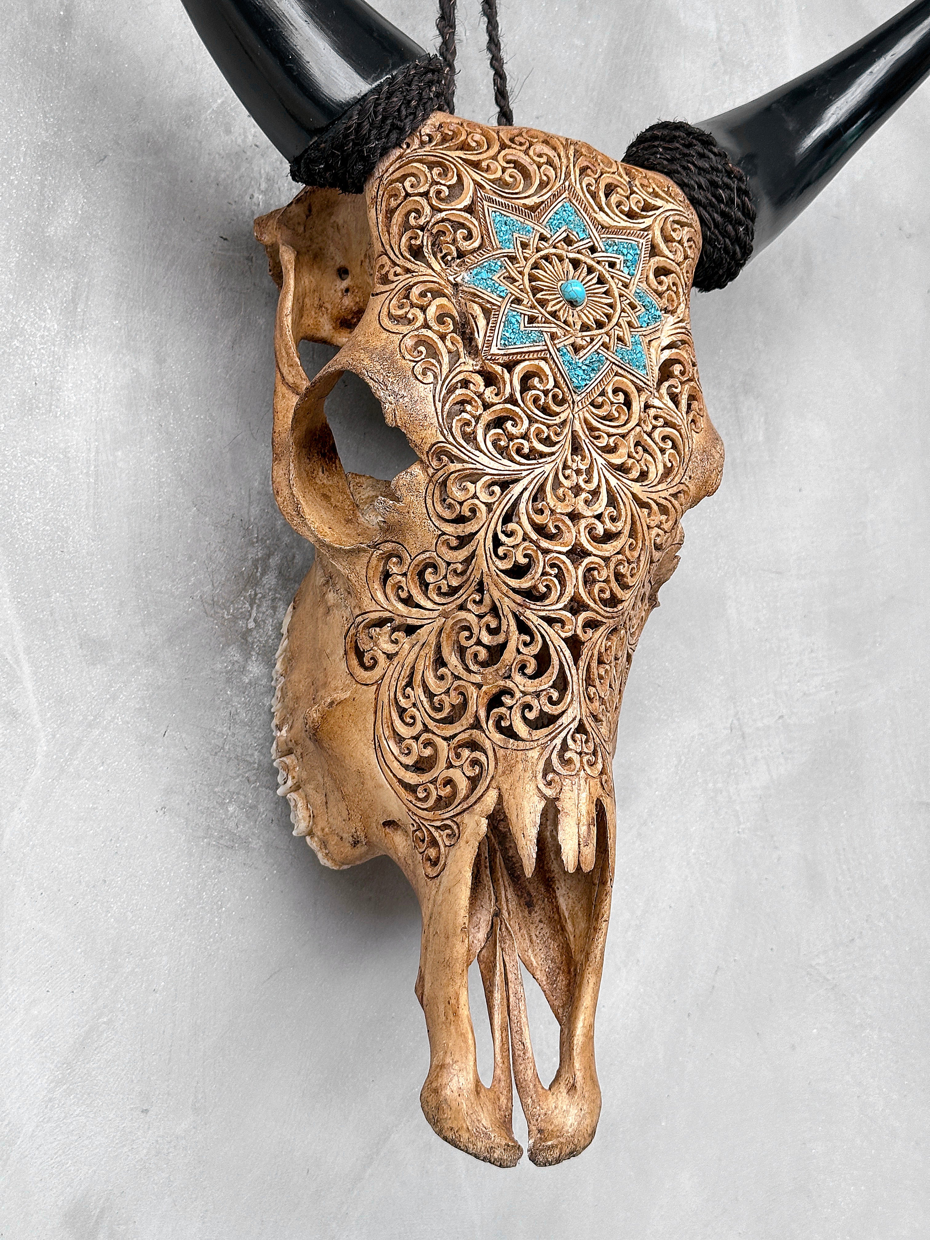 Brown Carved Cow Skull With Turqoise Accents - Star Mandala motif | Skull,A/142