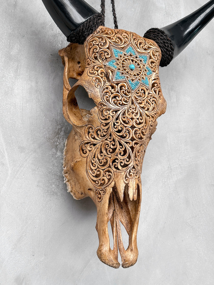 Brown Carved Cow Skull With Turqoise Accents - Star Mandala motif | Skull,A/142