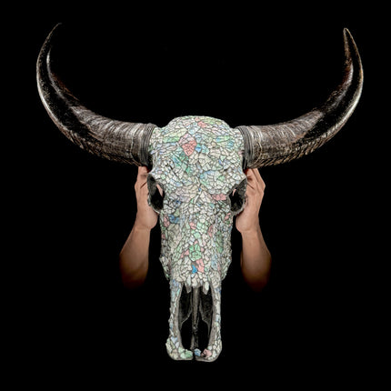 Pastel Green Mosaic Buffalo Skull – Horned Wall Art for Boho, Nature-Inspired, Earthy, or Soft-Modern Interior Decoration - Skull,A/134