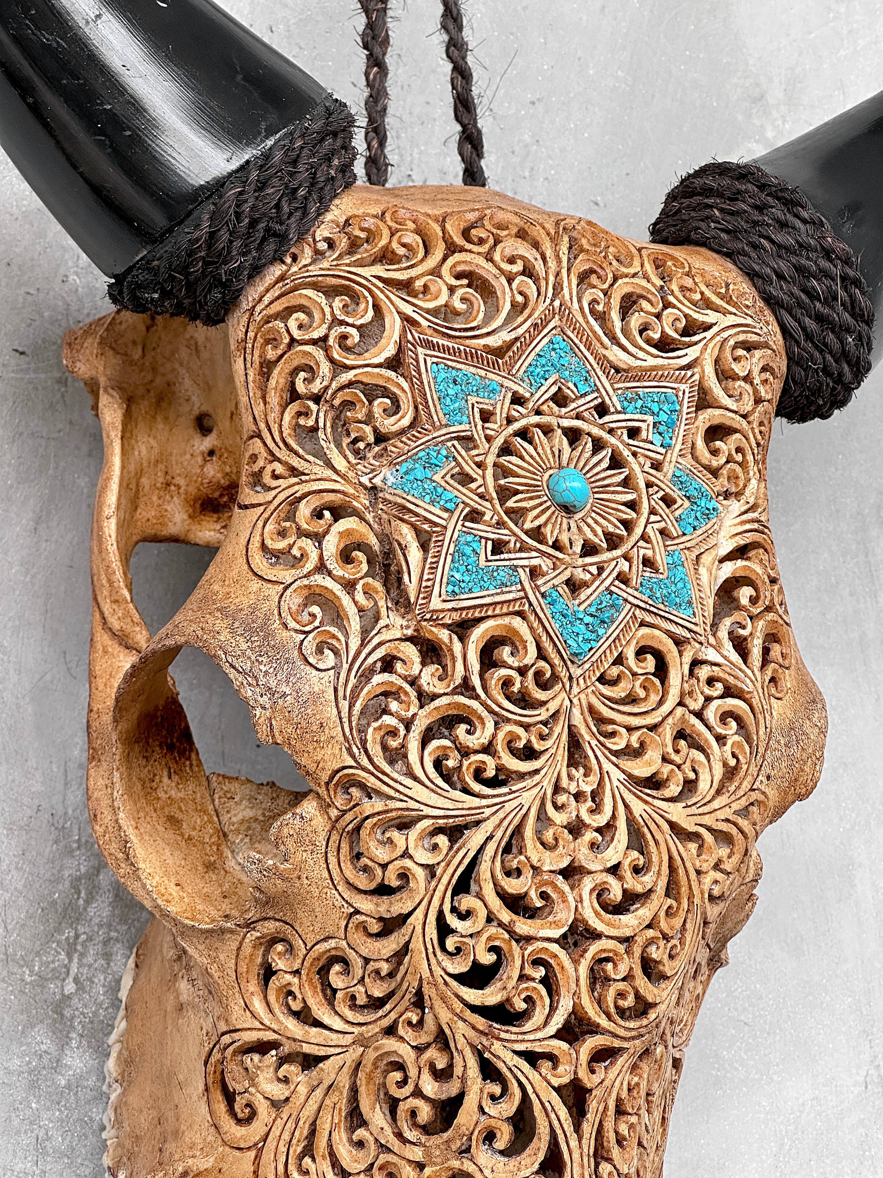 Brown Carved Cow Skull With Turqoise Accents - Star Mandala motif | Skull,A/142