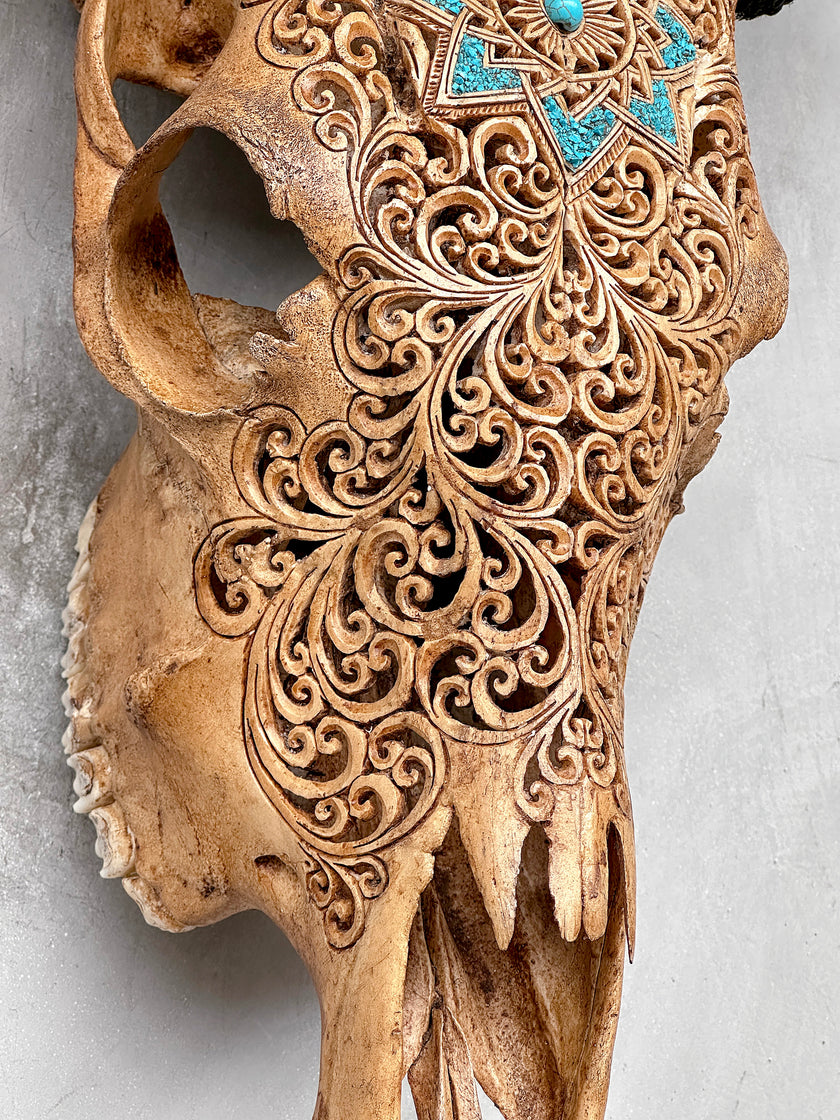 Brown Carved Cow Skull With Turqoise Accents - Star Mandala motif | Skull,A/142