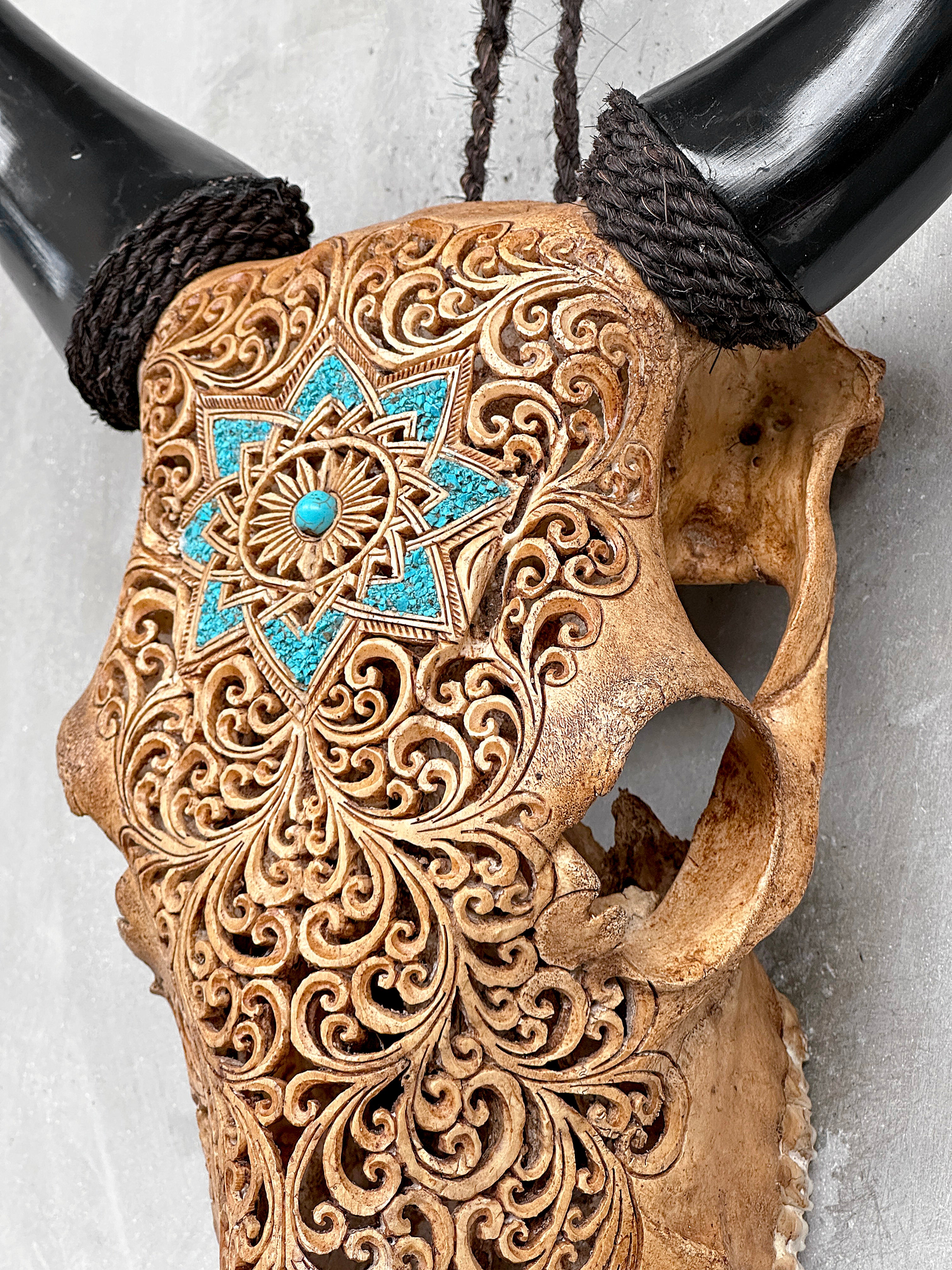 Brown Carved Cow Skull With Turqoise Accents - Star Mandala motif | Skull,A/142