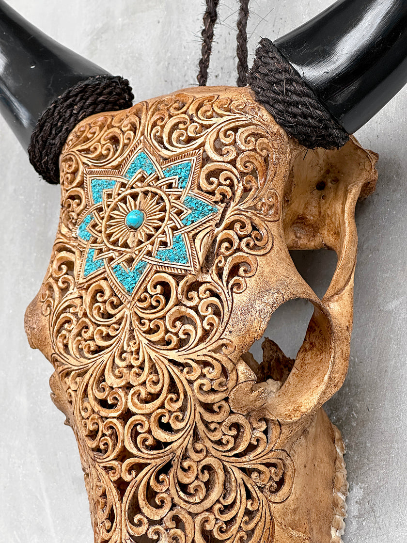 Brown Carved Cow Skull With Turqoise Accents - Star Mandala motif | Skull,A/142