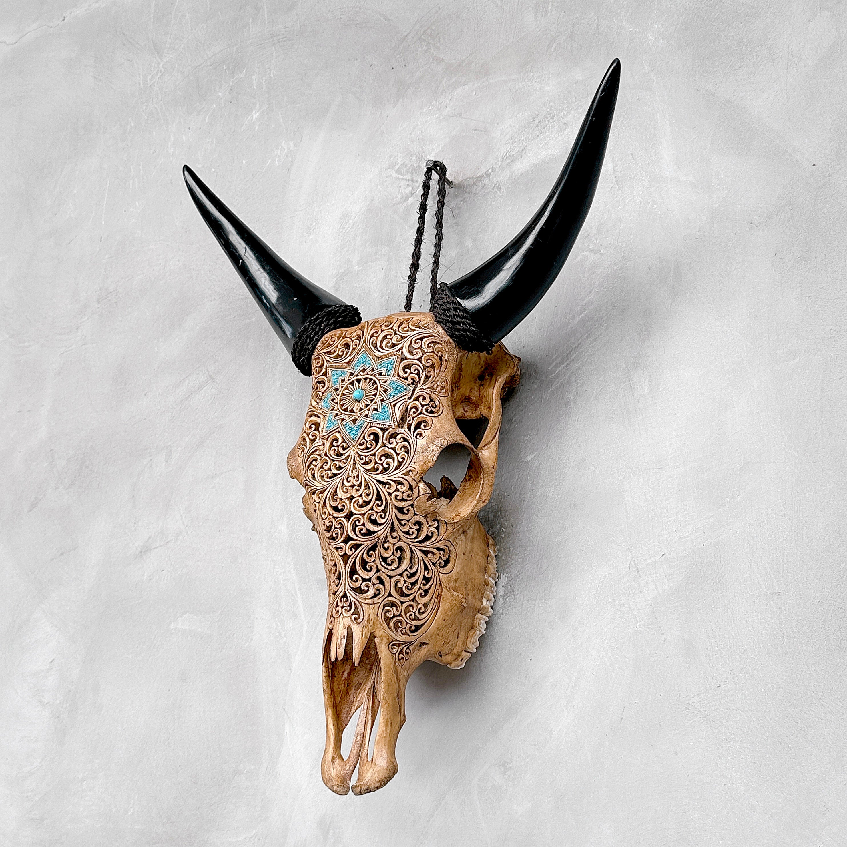 Brown Carved Cow Skull With Turqoise Accents - Star Mandala motif | Skull,A/142