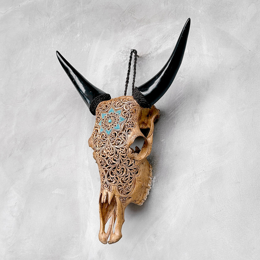 Brown Carved Cow Skull With Turqoise Accents - Star Mandala motif | Skull,A/142