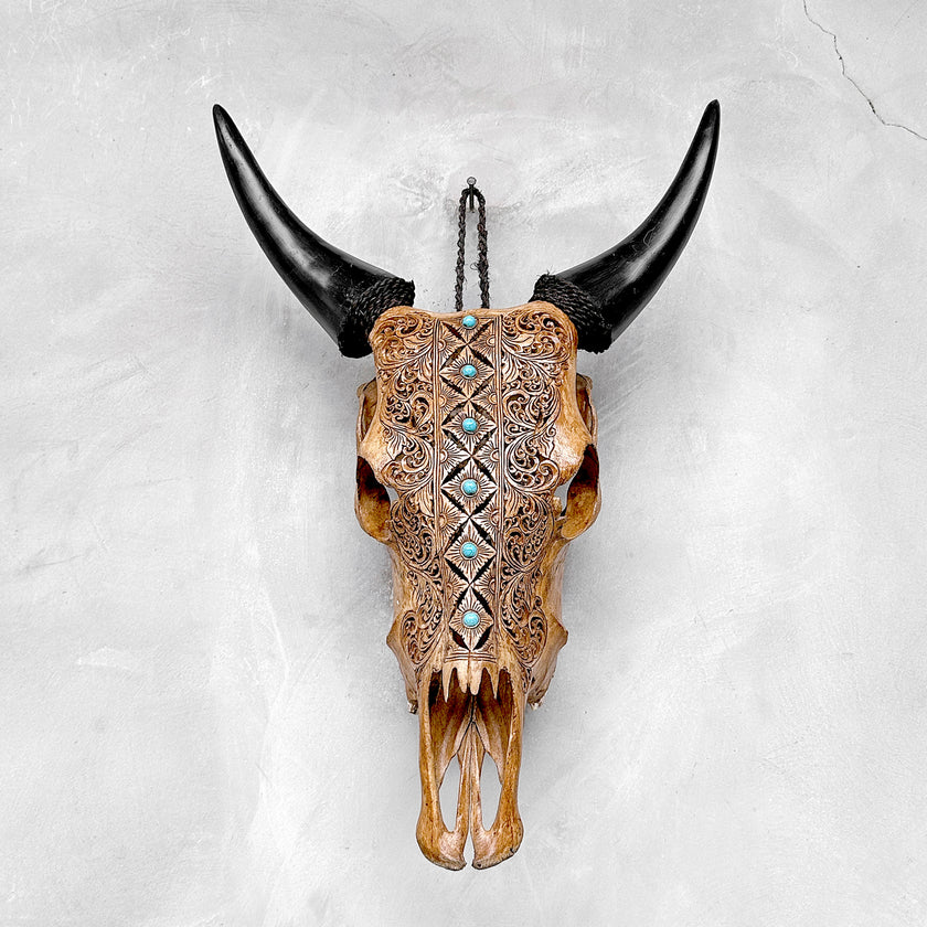 Brown Carved Cow Skull With Turqoise Accents - Ketupat motif | Skull,A/141