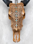 Brown Carved Cow Skull With Turqoise Accents - Ketupat motif | Skull,A/141