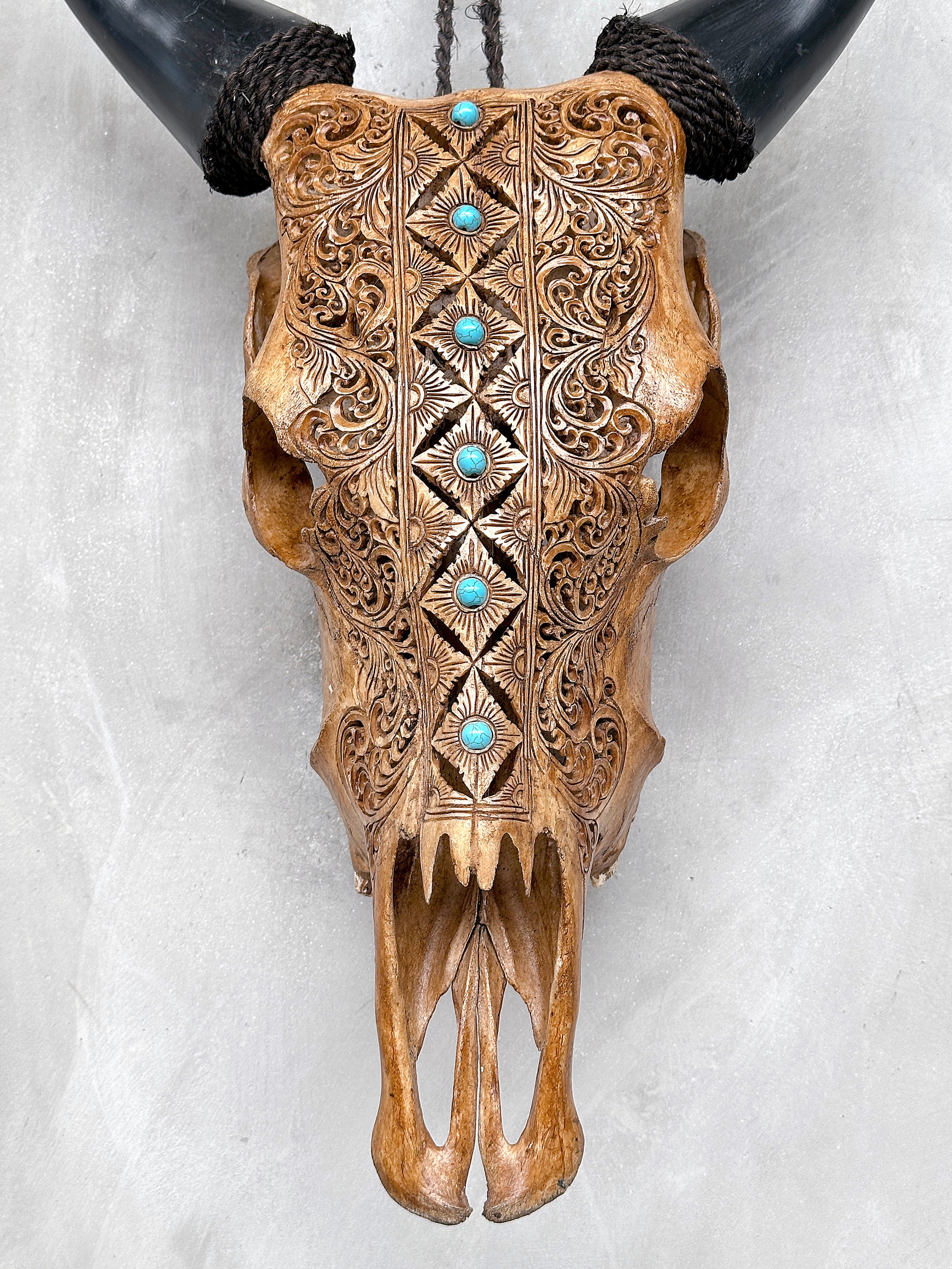 Brown Carved Cow Skull With Turqoise Accents - Ketupat motif | Skull,A/141