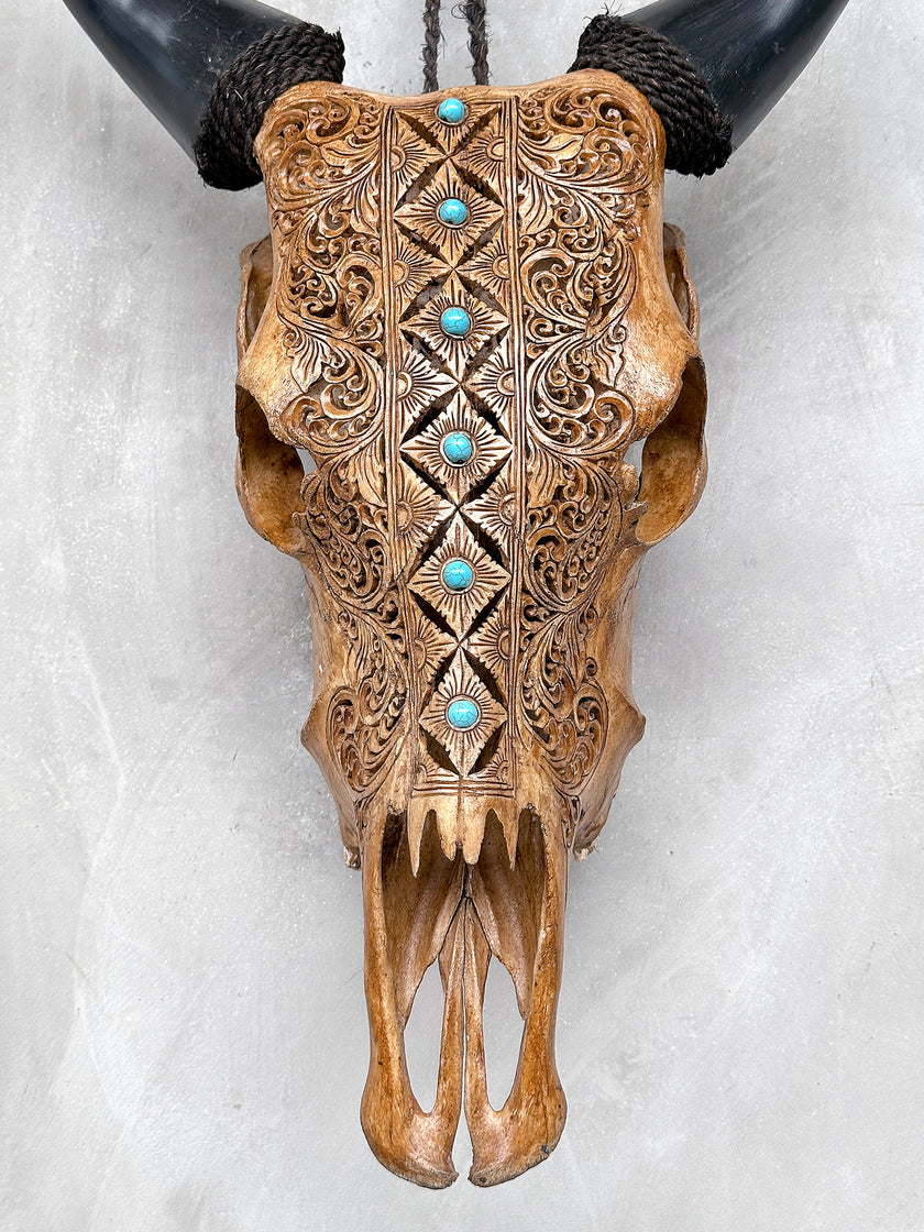 Brown Carved Cow Skull With Turqoise Accents - Ketupat motif | Skull,A/141