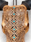 Brown Carved Cow Skull With Turqoise Accents - Ketupat motif | Skull,A/141