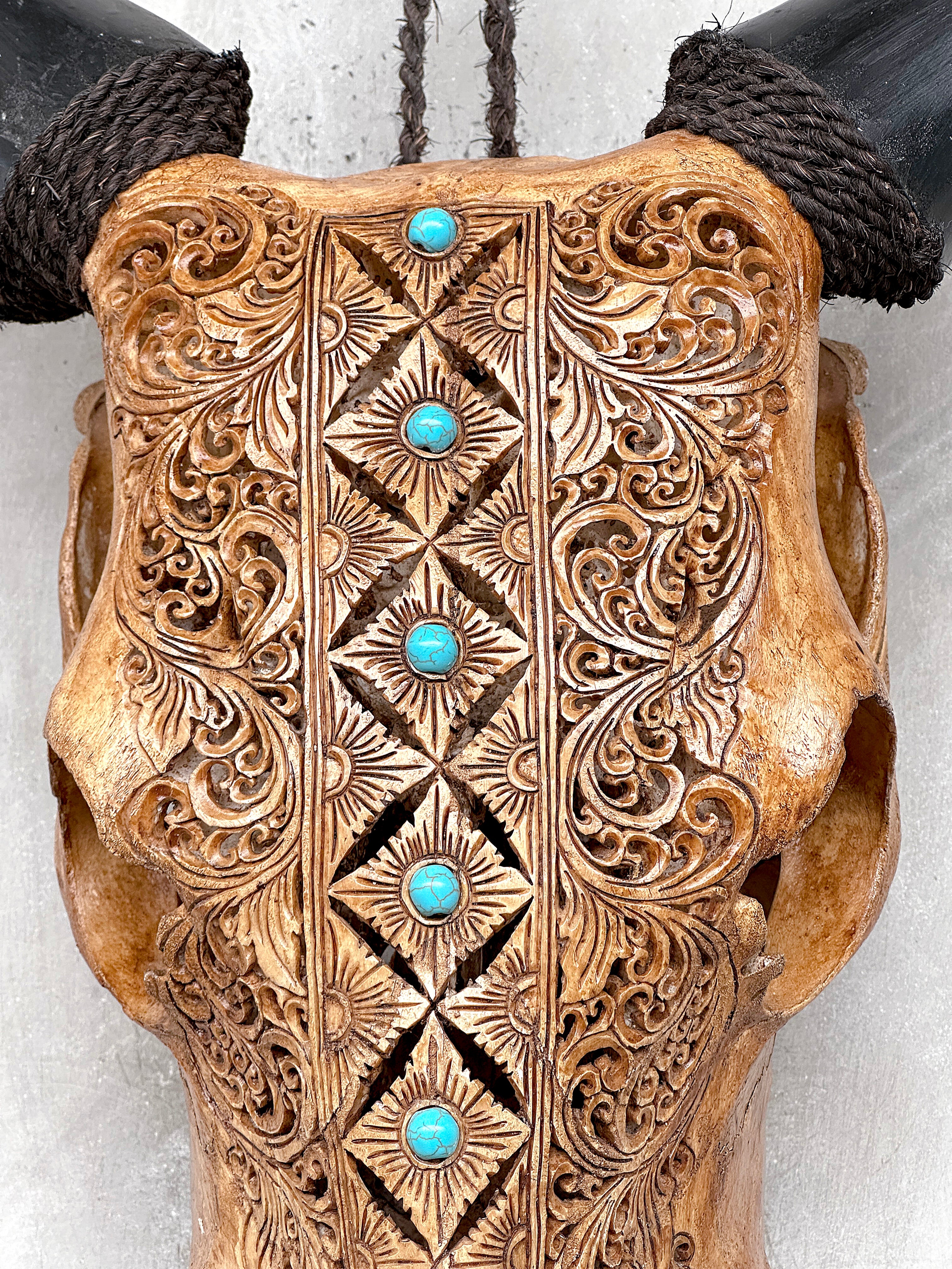 Brown Carved Cow Skull With Turqoise Accents - Ketupat motif | Skull,A/141