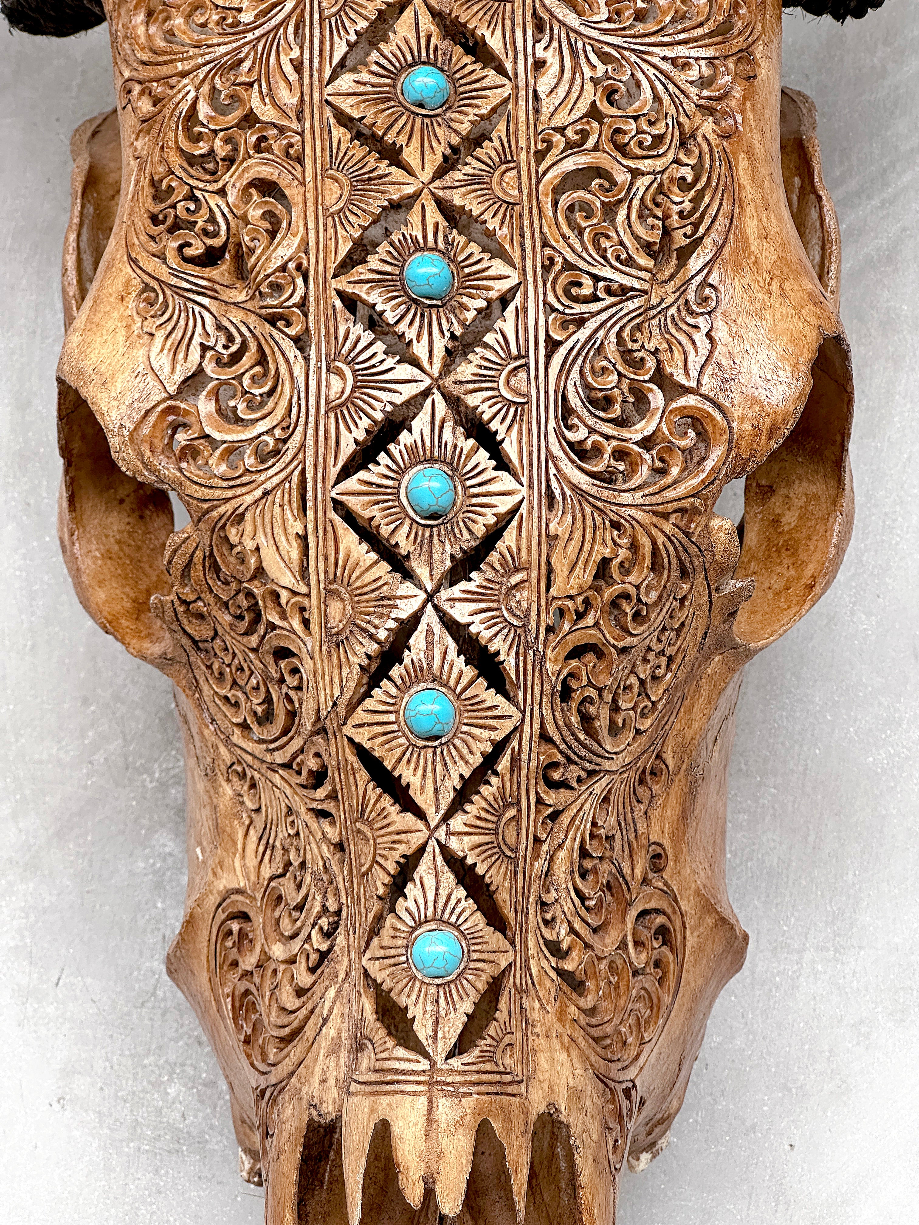 Brown Carved Cow Skull With Turqoise Accents - Ketupat motif | Skull,A/141
