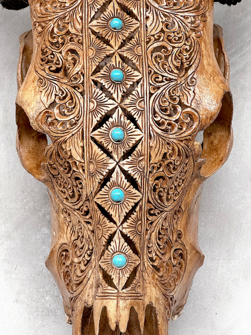 Brown Carved Cow Skull With Turqoise Accents - Ketupat motif | Skull,A/141