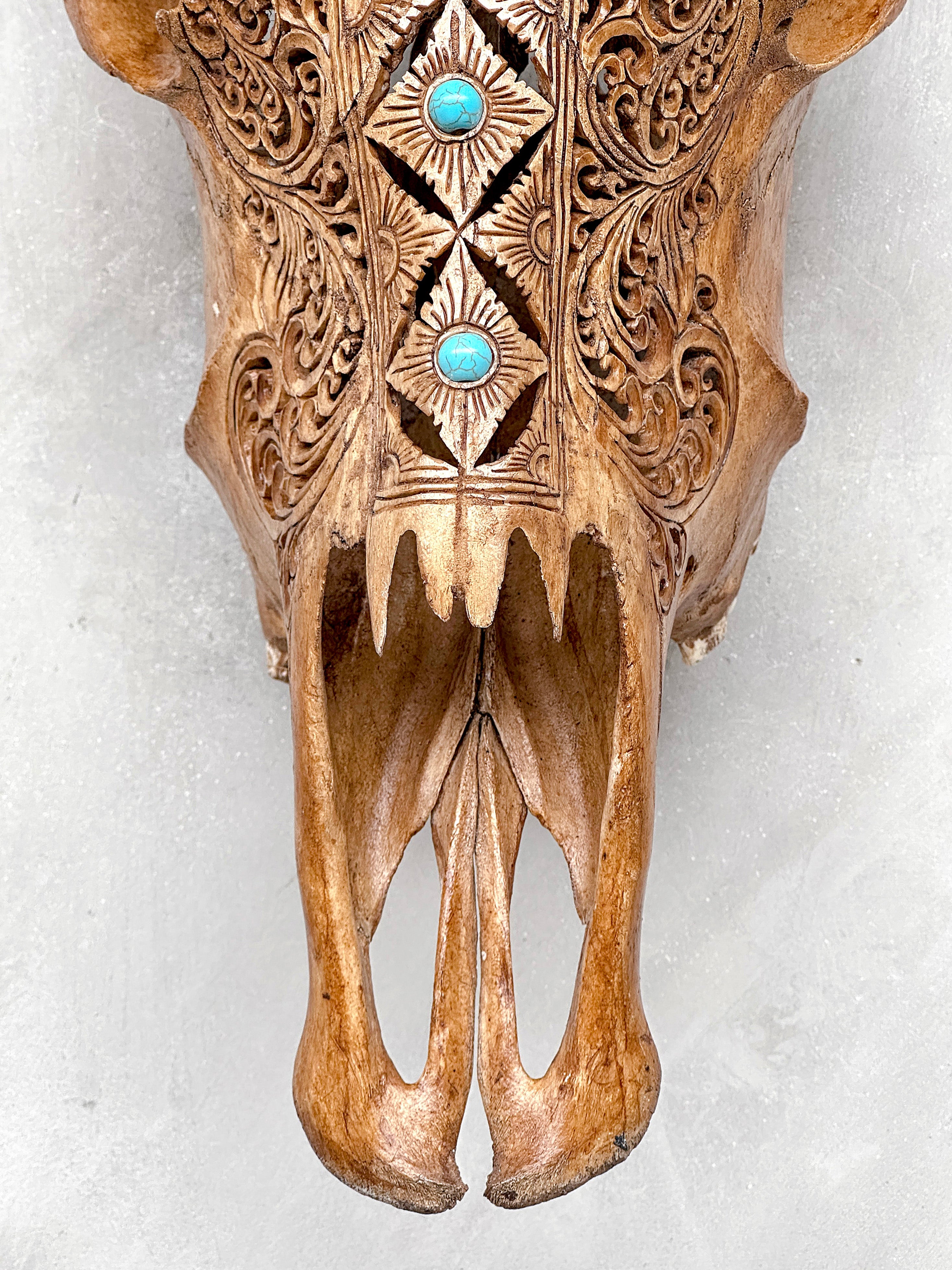 Brown Carved Cow Skull With Turqoise Accents - Ketupat motif | Skull,A/141