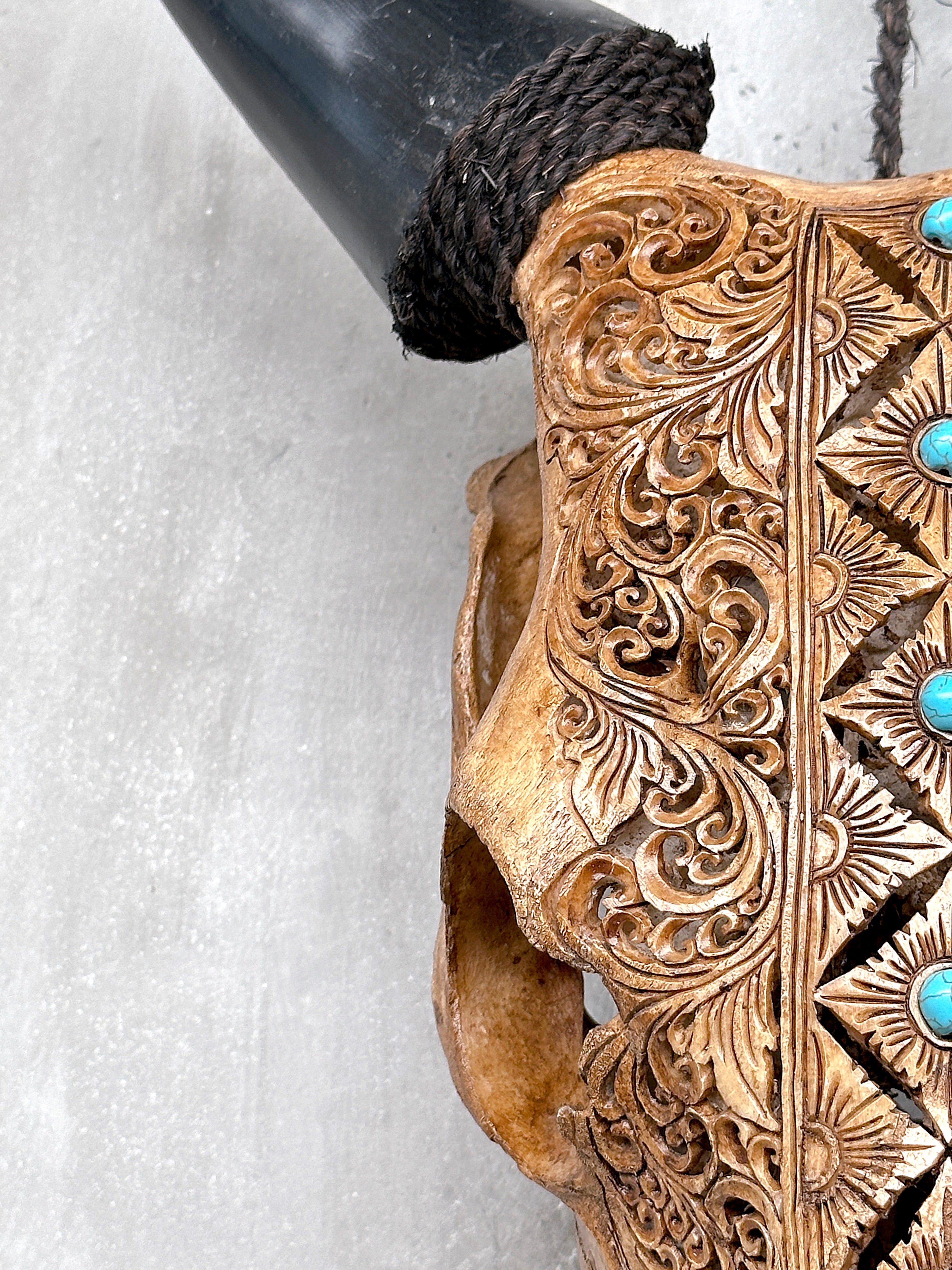 Brown Carved Cow Skull With Turqoise Accents - Ketupat motif | Skull,A/141