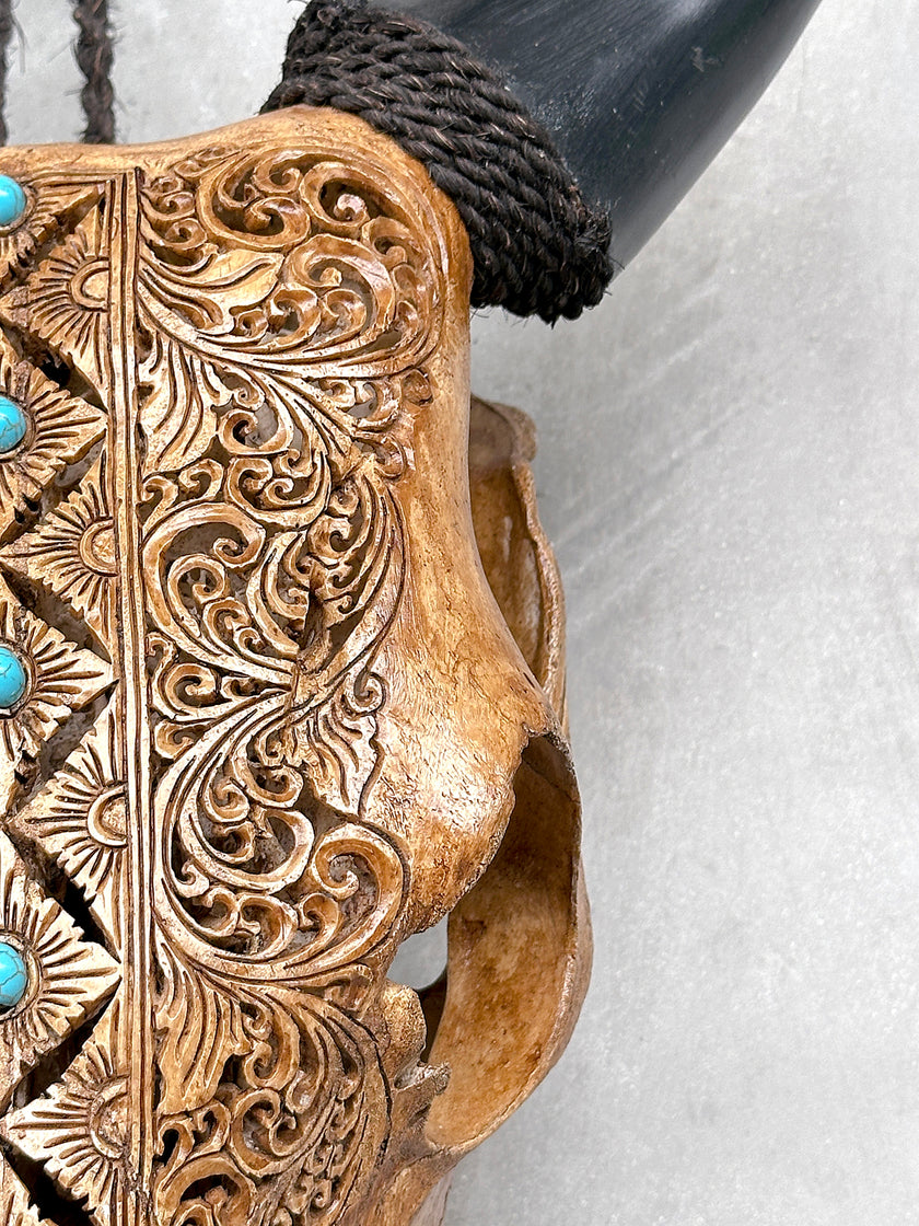 Brown Carved Cow Skull With Turqoise Accents - Ketupat motif | Skull,A/141