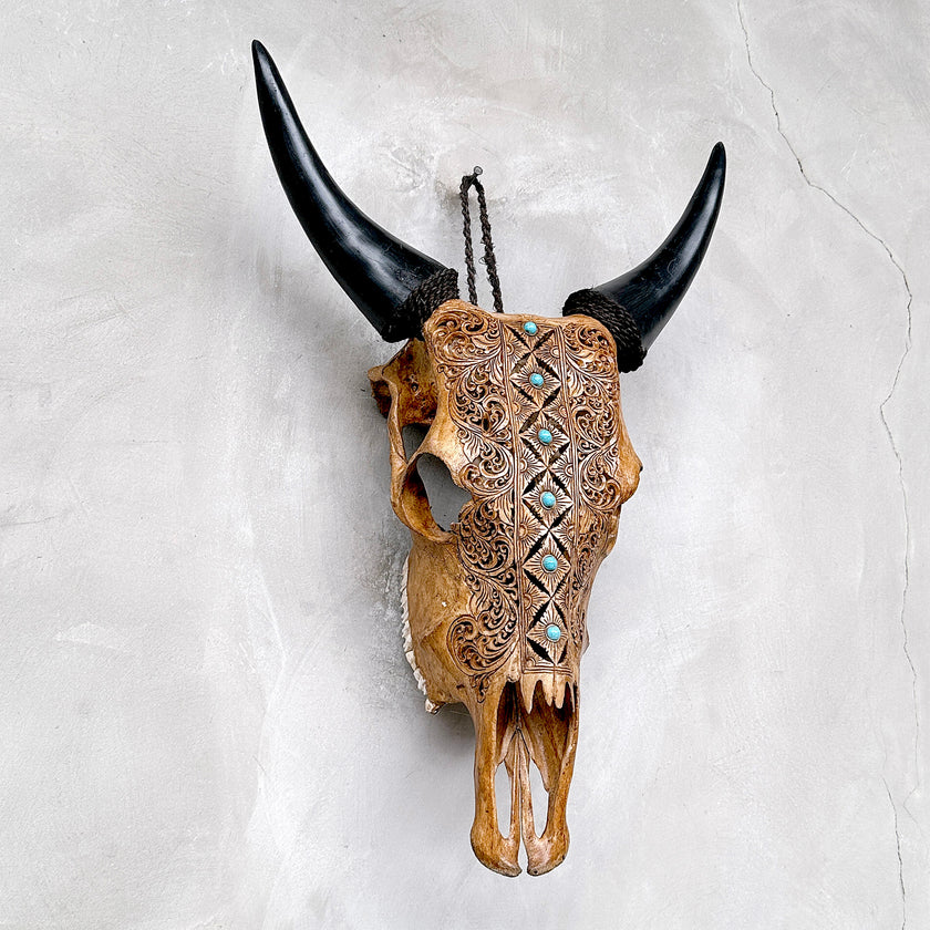 Brown Carved Cow Skull With Turqoise Accents - Ketupat motif | Skull,A/141