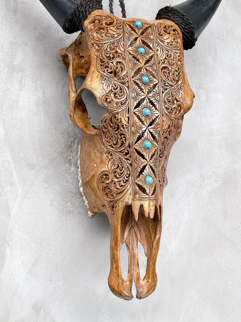 Brown Carved Cow Skull With Turqoise Accents - Ketupat motif | Skull,A/141