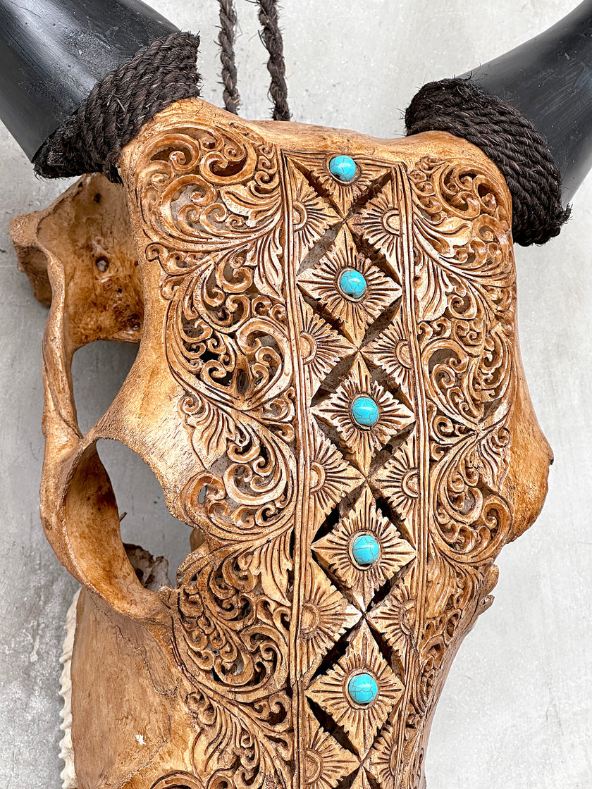 Brown Carved Cow Skull With Turqoise Accents - Ketupat motif | Skull,A/141