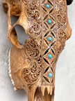 Brown Carved Cow Skull With Turqoise Accents - Ketupat motif | Skull,A/141