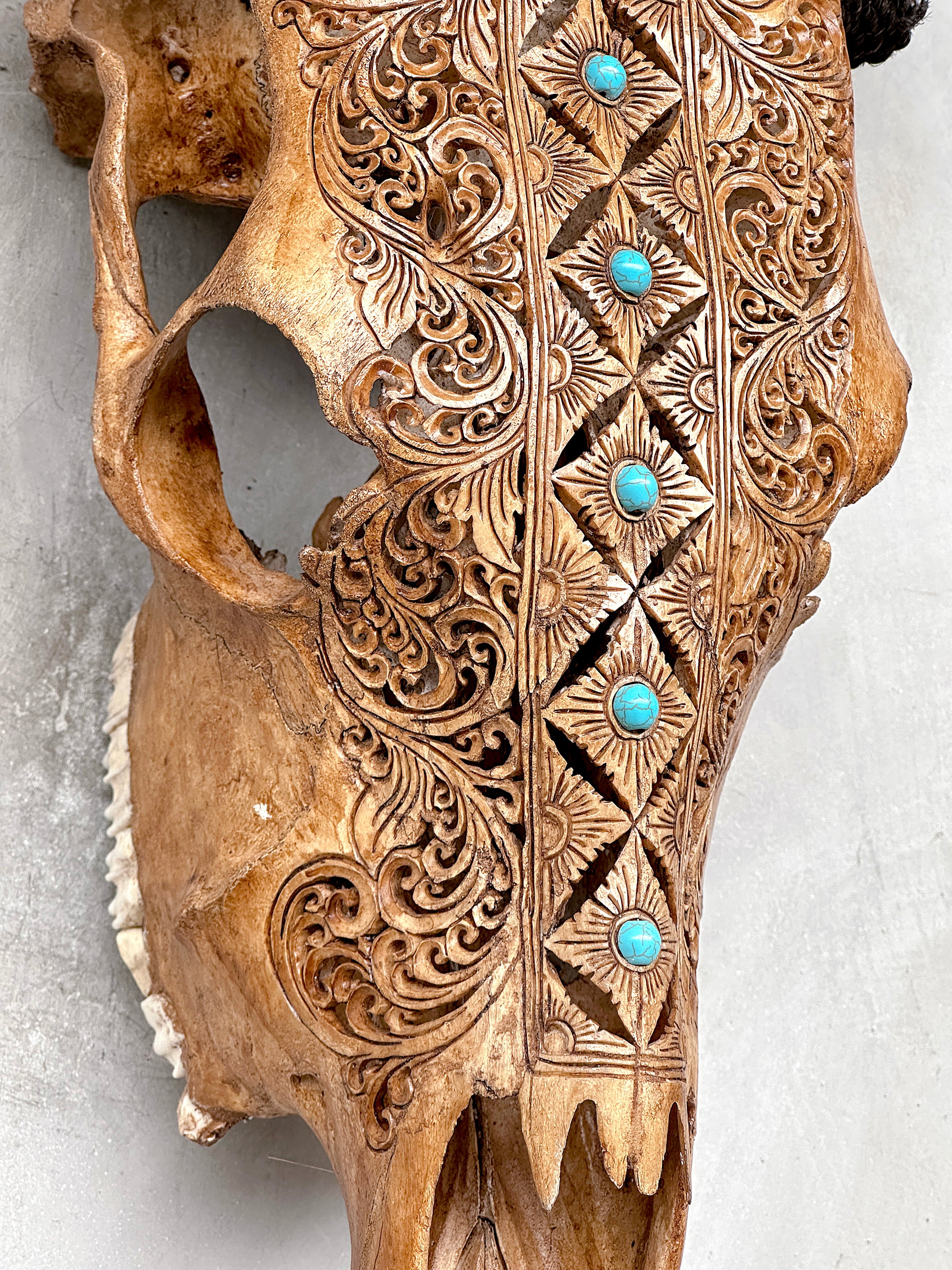 Brown Carved Cow Skull With Turqoise Accents - Ketupat motif | Skull,A/141