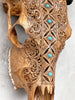 Brown Carved Cow Skull With Turqoise Accents - Ketupat motif | Skull,A/141