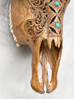 Brown Carved Cow Skull With Turqoise Accents - Ketupat motif | Skull,A/141