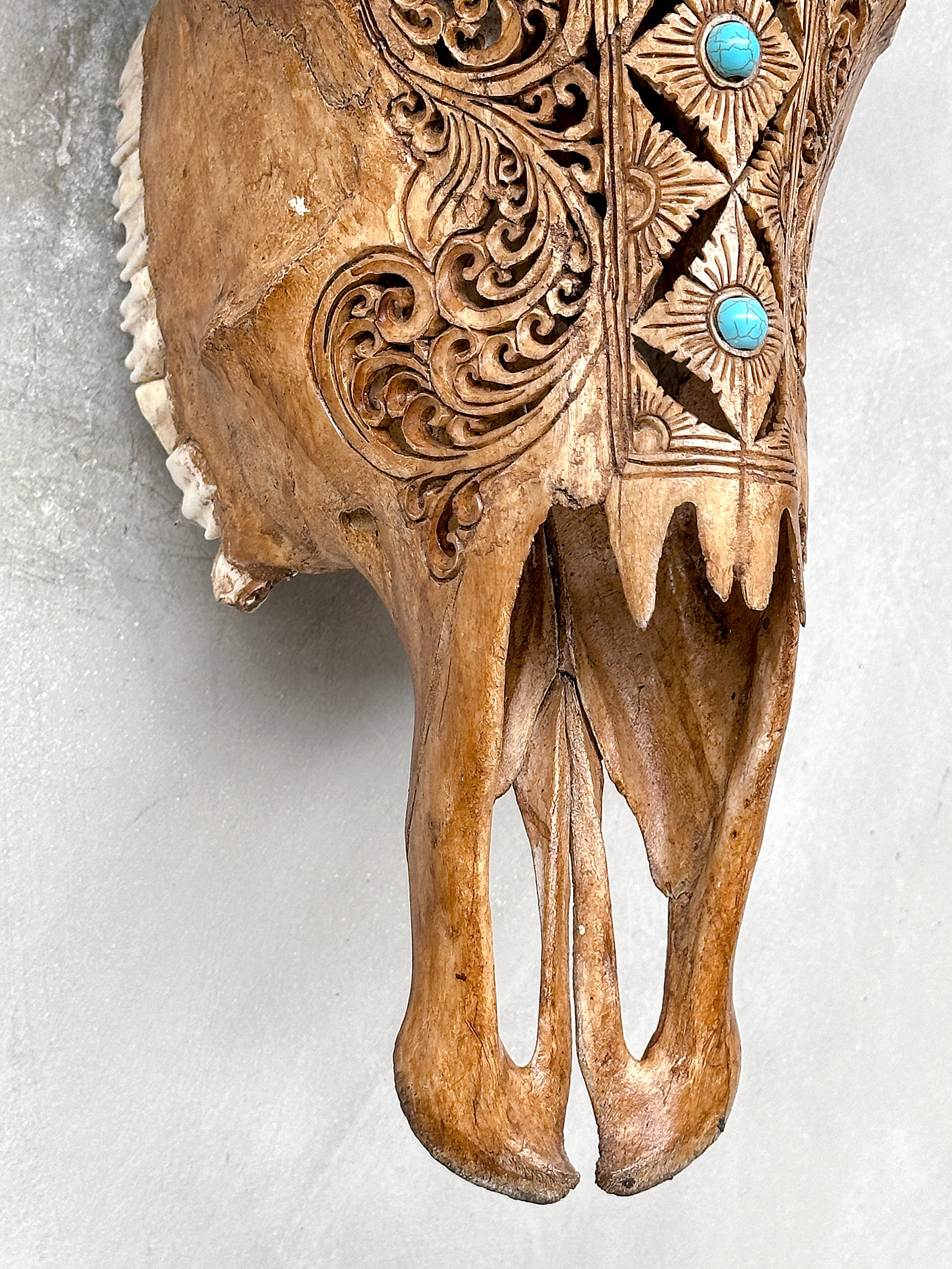 Brown Carved Cow Skull With Turqoise Accents - Ketupat motif | Skull,A/141