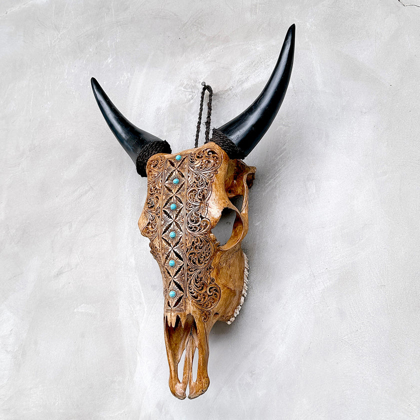 Brown Carved Cow Skull With Turqoise Accents - Ketupat motif | Skull,A/141