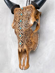 Brown Carved Cow Skull With Turqoise Accents - Ketupat motif | Skull,A/141