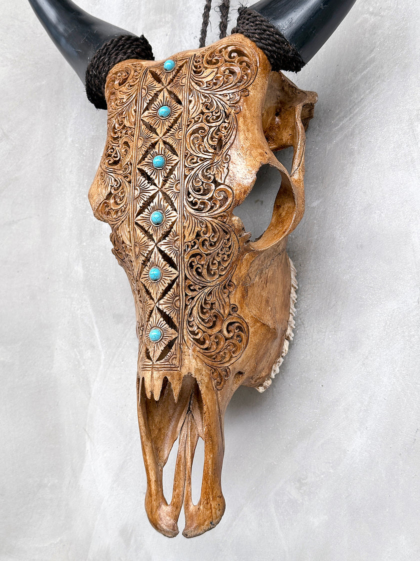 Brown Carved Cow Skull With Turqoise Accents - Ketupat motif | Skull,A/141