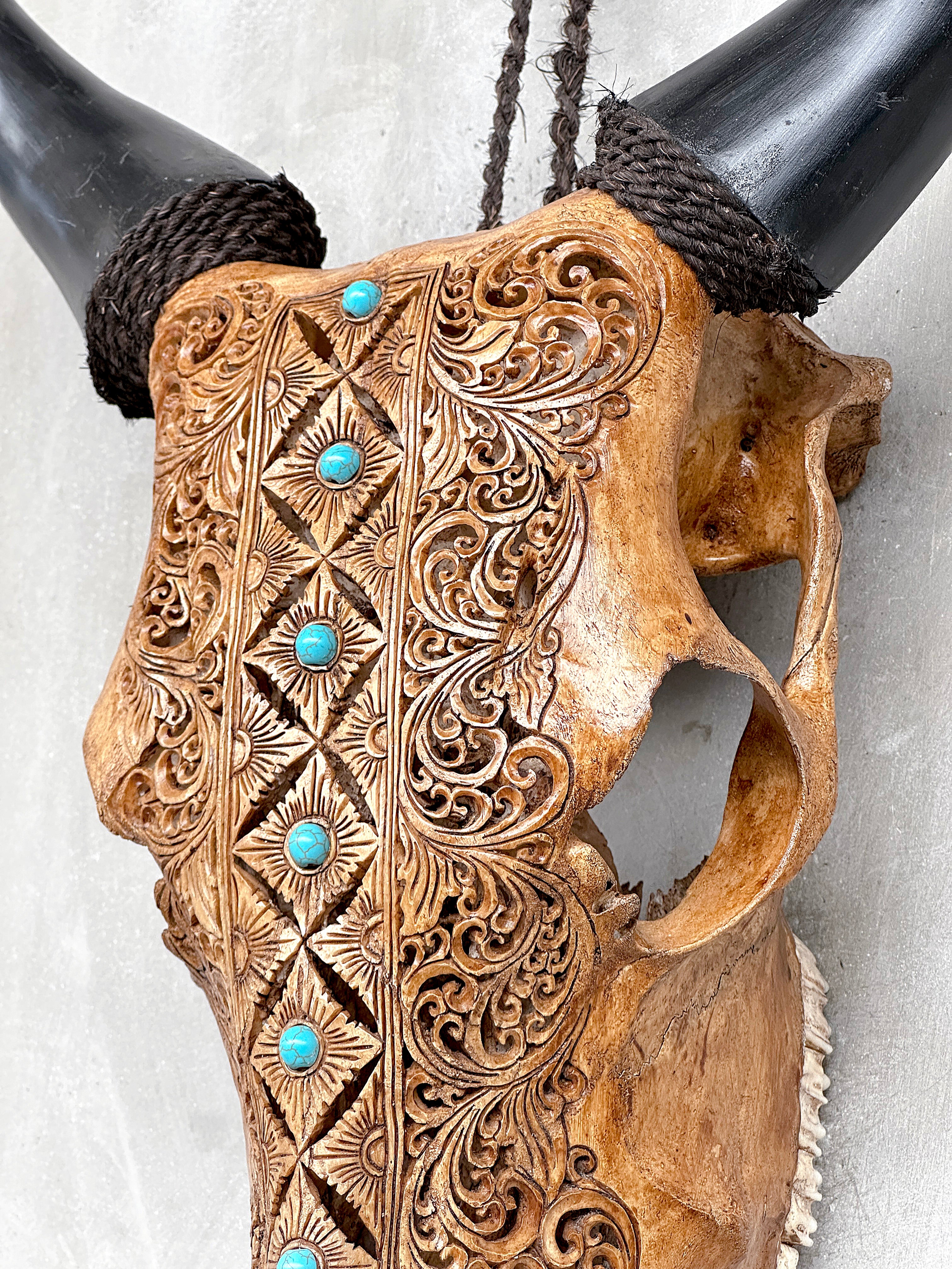 Brown Carved Cow Skull With Turqoise Accents - Ketupat motif | Skull,A/141