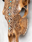 Brown Carved Cow Skull With Turqoise Accents - Ketupat motif | Skull,A/141