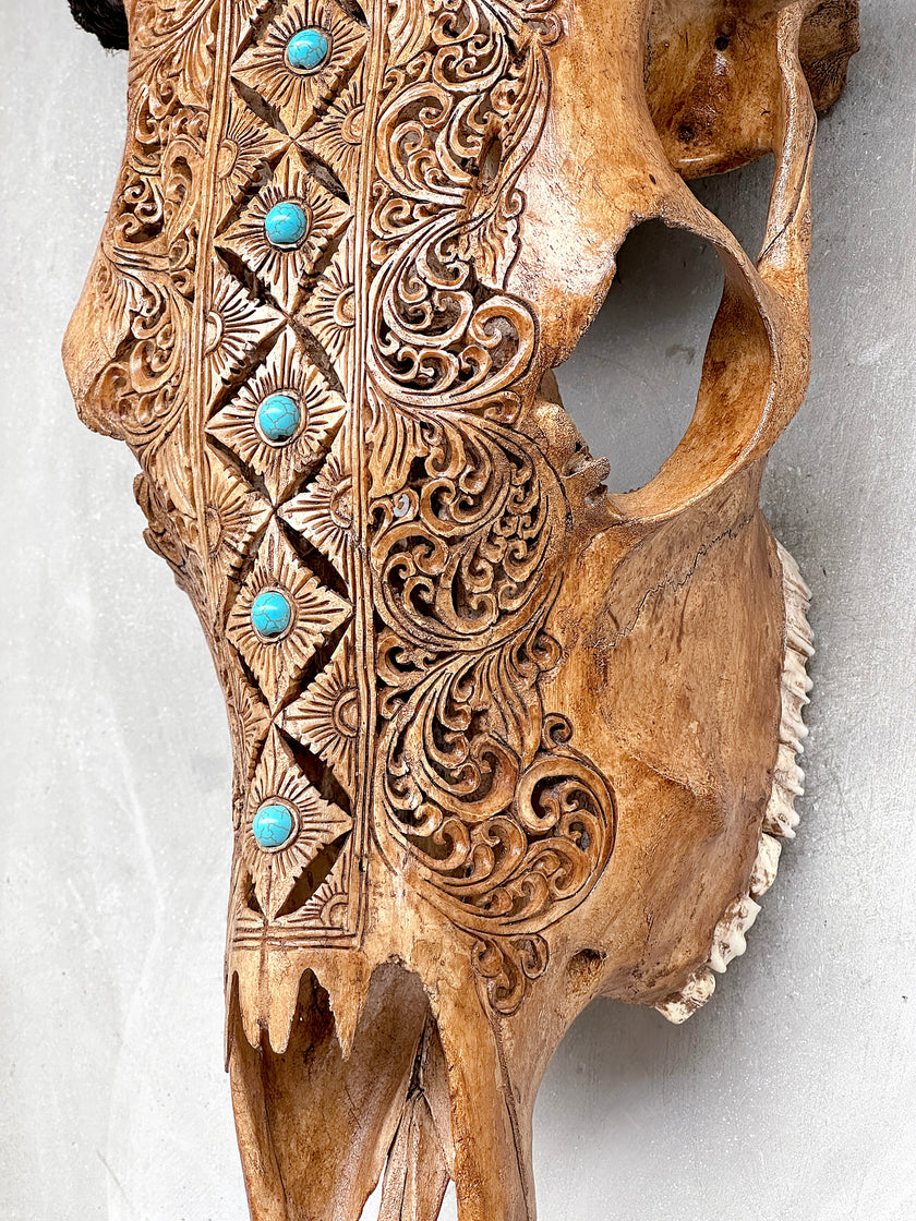Brown Carved Cow Skull With Turqoise Accents - Ketupat motif | Skull,A/141