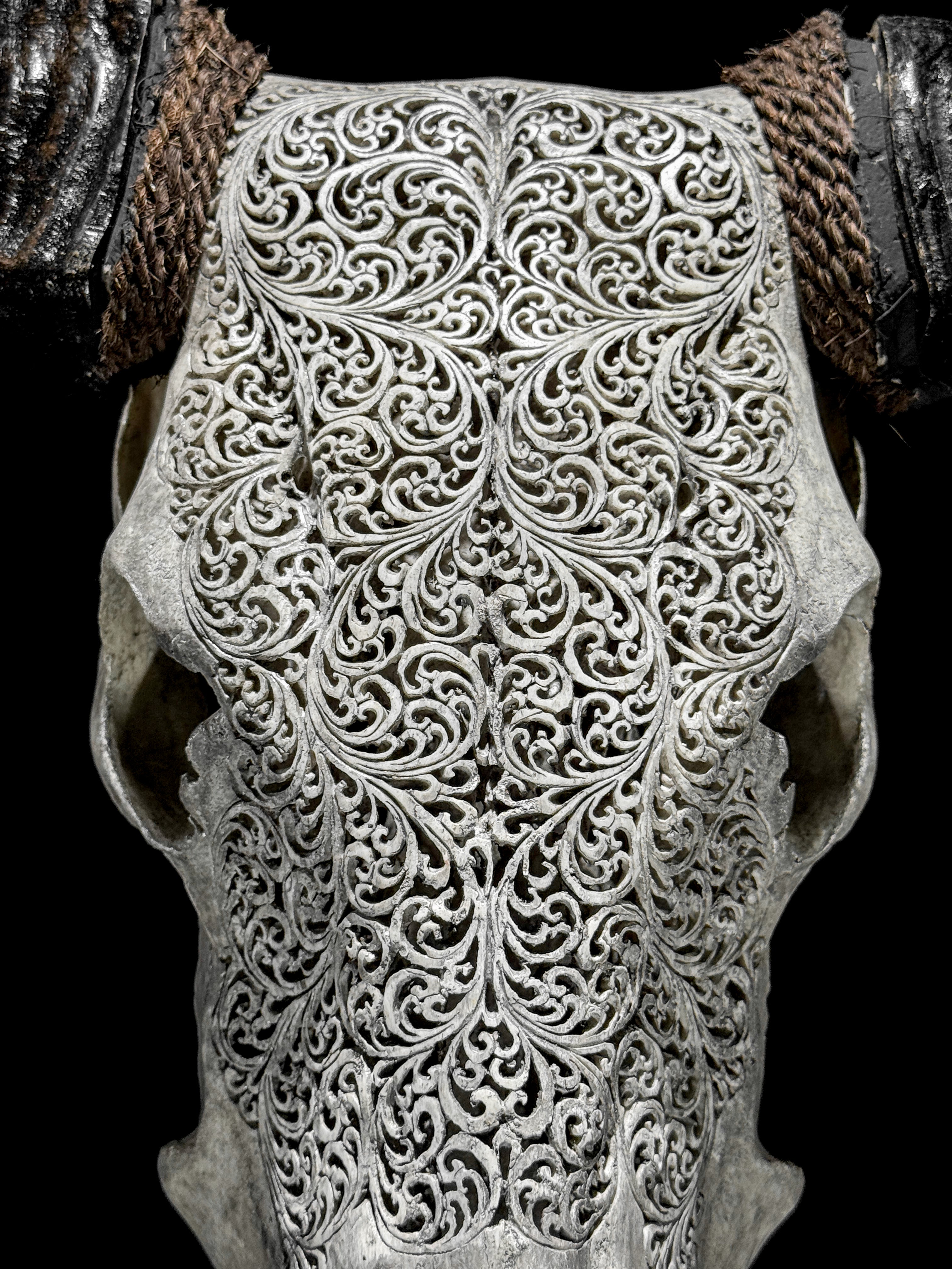 Grey Carved Buffalo Skull – Fern Motif | Real Bone Wall Art with Horns | Tribal Skull Decor | Handmade & Ethically Sourced from Bali - Skull,A/111