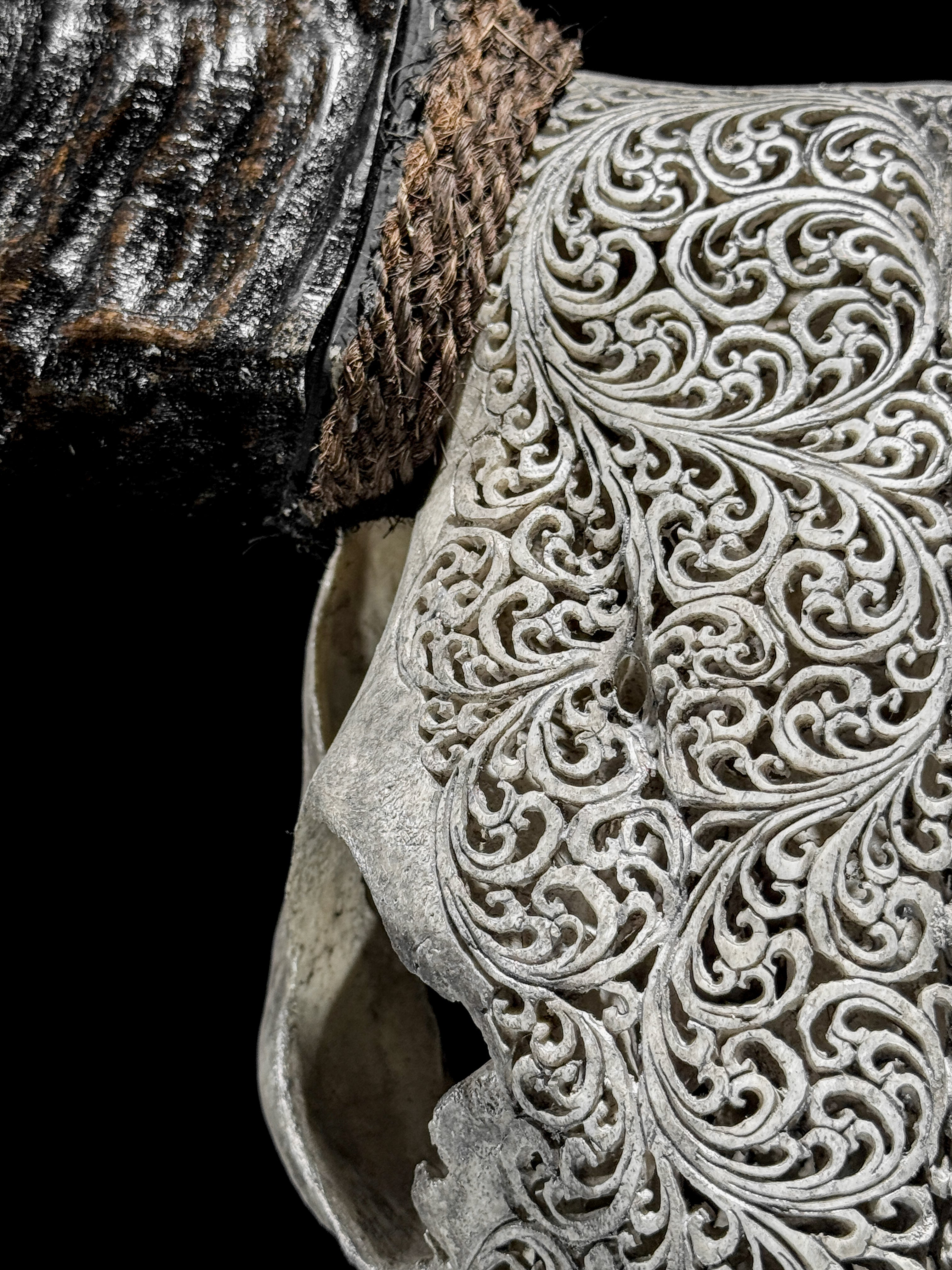 Grey Carved Buffalo Skull – Fern Motif | Real Bone Wall Art with Horns | Tribal Skull Decor | Handmade & Ethically Sourced from Bali - Skull,A/111
