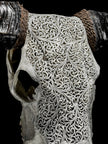 Grey Carved Buffalo Skull – Fern Motif | Real Bone Wall Art with Horns | Tribal Skull Decor | Handmade & Ethically Sourced from Bali - Skull,A/111