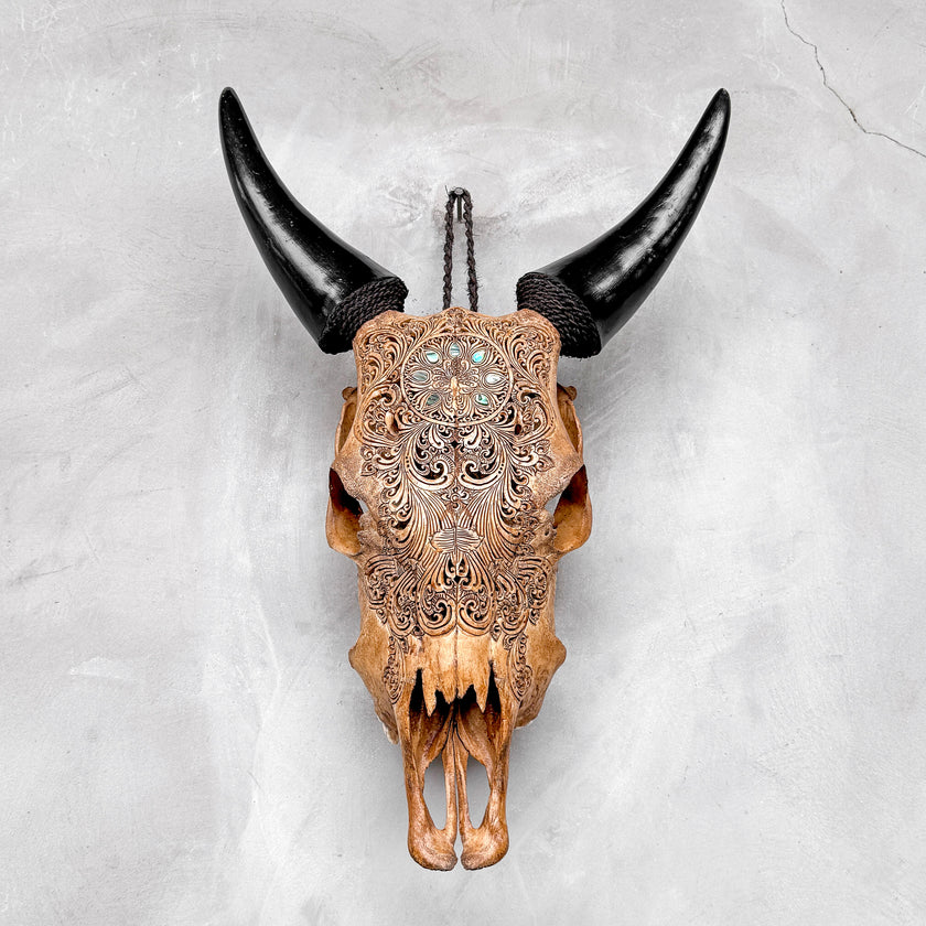 Brown Carved Cow Skull With Abalone Shell Accents - Peacock motif | Skull,A/145