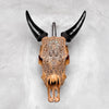 Brown Carved Cow Skull With Abalone Shell Accents - Peacock motif | Skull,A/145