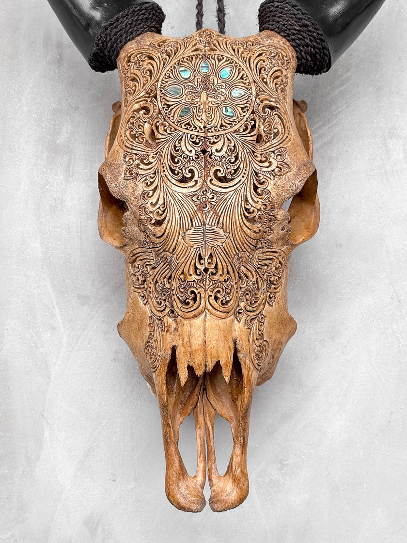 Brown Carved Cow Skull With Abalone Shell Accents - Peacock motif | Skull,A/145