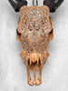 Brown Carved Cow Skull With Abalone Shell Accents - Peacock motif | Skull,A/145