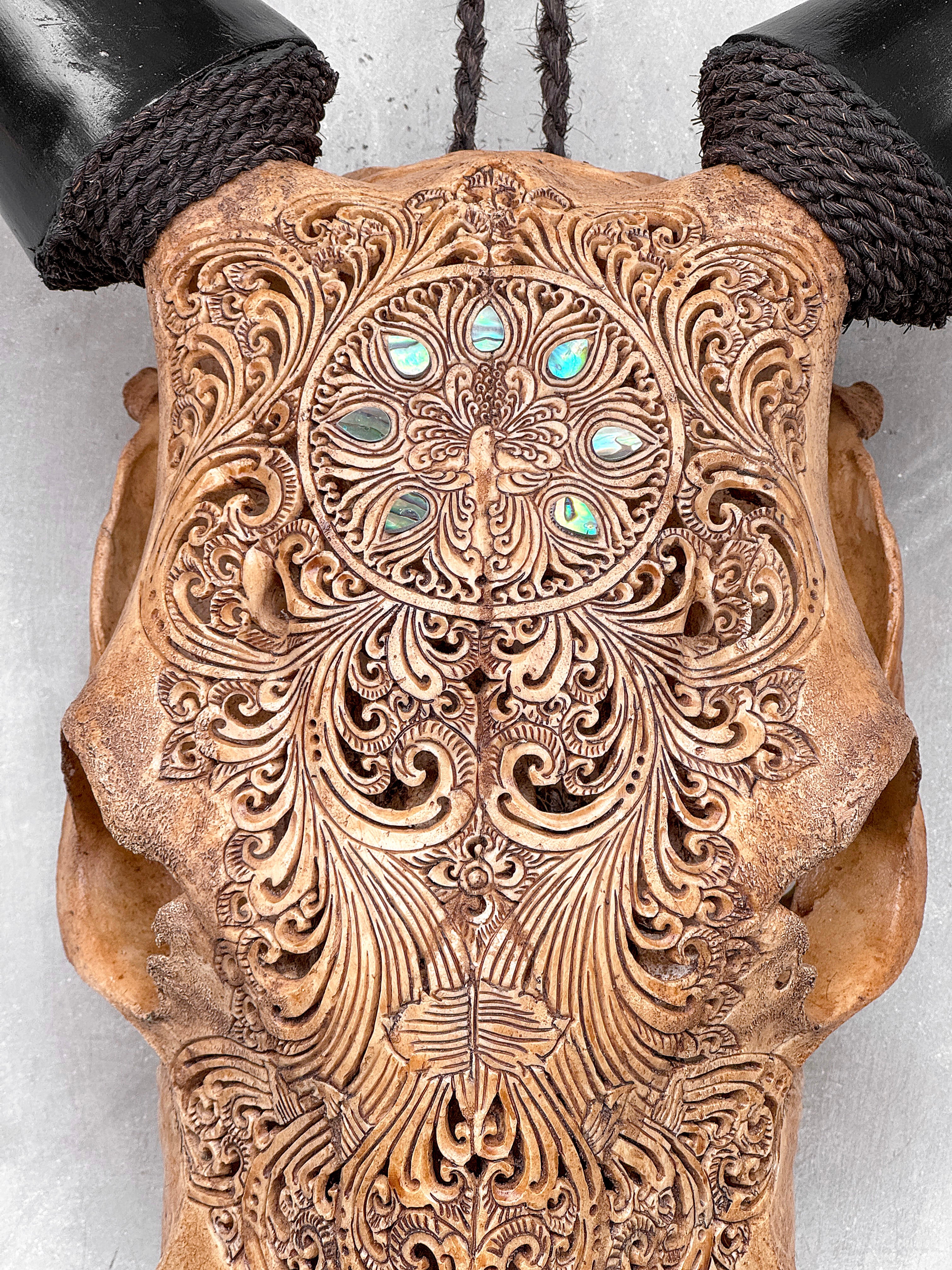 Brown Carved Cow Skull With Abalone Shell Accents - Peacock motif | Skull,A/145