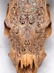 Brown Carved Cow Skull With Abalone Shell Accents - Peacock motif | Skull,A/145